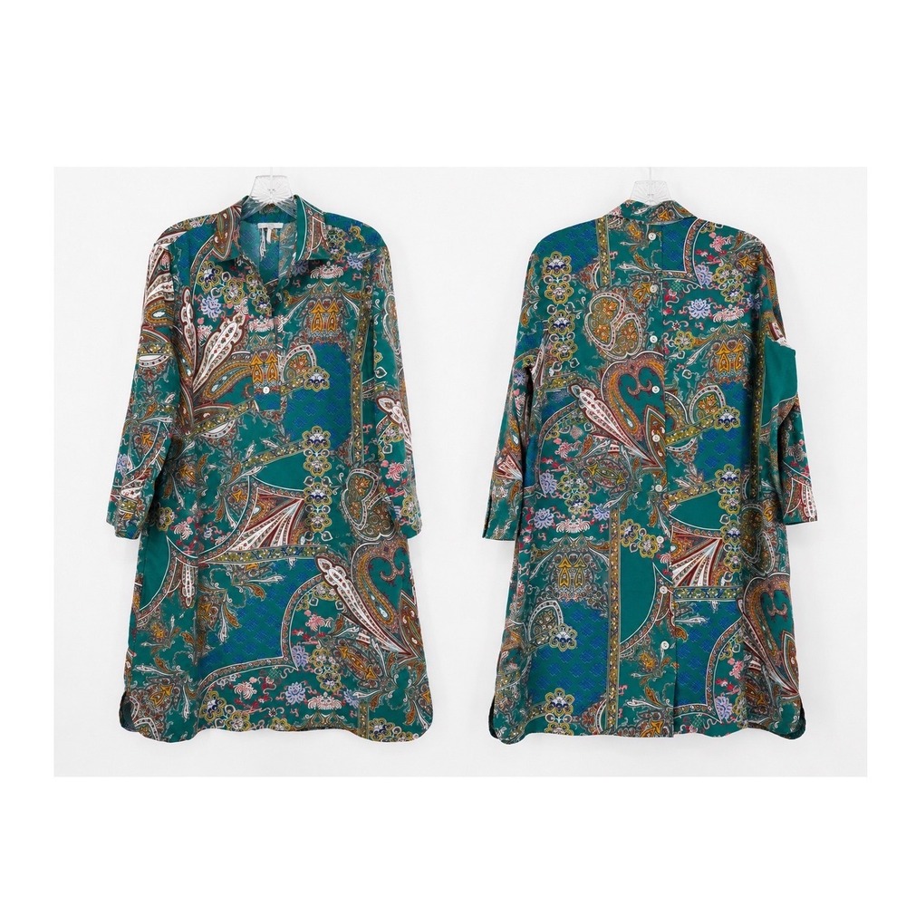 Hinson Wu Aileen Dress Teal Multicolor Paisley Button Back Cotton Stretch 1 US S